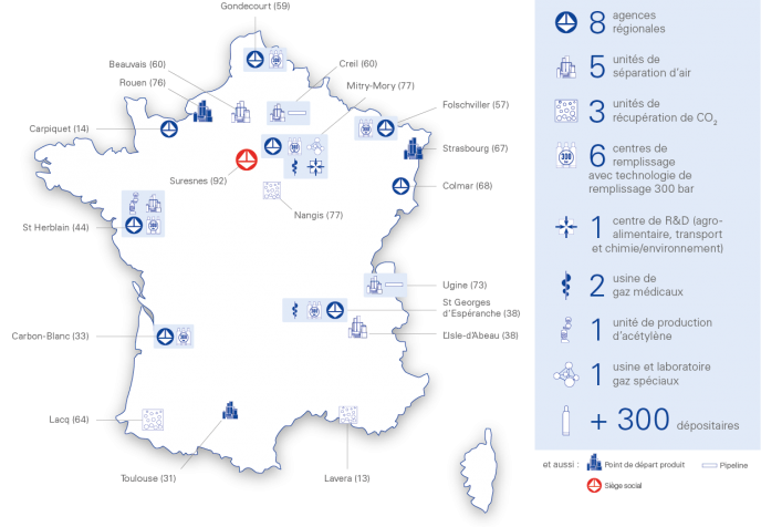 Carte des implantations de Messer en France
