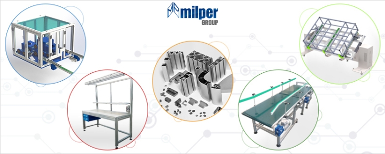 Les solutions Milper: profils aluminium, protections de sécurité, postes de travail, convoyeurs, élévateurs et basculeurs